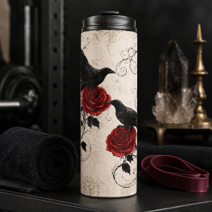 Vintage Gothic Raben Karmesinrote Rosen Thermosbecher