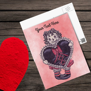 Vintage Gothic Rag Doll Schwarzes Herz Rosa Postkarte