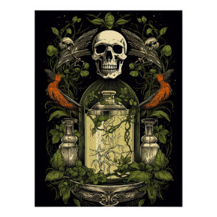 Vintage-Gothik-Skelett-Totenkopf-Rabe-Gift-Hallowe Poster