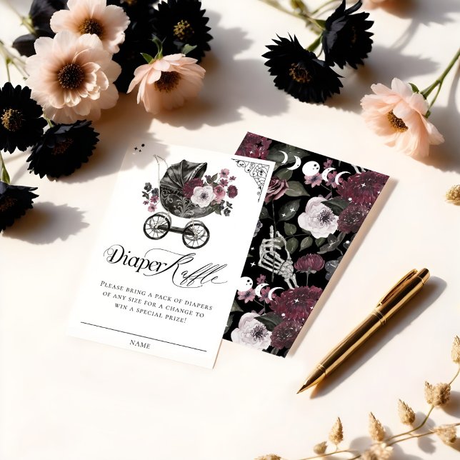 Vintage gotische Blütenleder-Rollentrockner Begleitkarte (Vintage Gothic Floral Baby Stroller Diaper Raffle Enclosure Card (Front & Back))