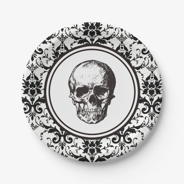 Vintage gotische Damaskusmuster Skull HALLOWEEN Pappteller (Vorderseite)