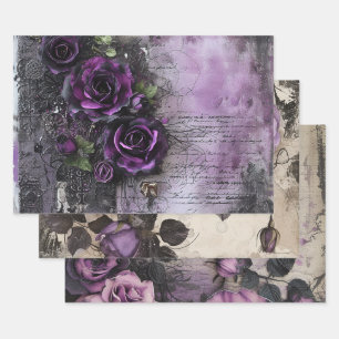 Vintage gotische Lila Rose Dekoupage Geschenkpapier Set