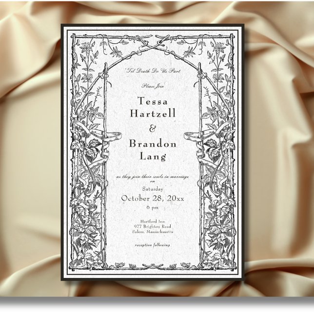 Vintage gotische Mittelalterliche Weinberge Einladung (Vintage Gothic Medieval Vine Arch Border White Wedding Invitation)