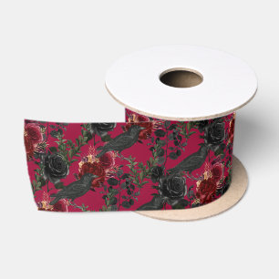 Vintage-Gotische Raben und Rosen Dunkelrot Satinband