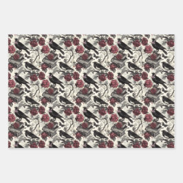 Vintage Gotische Ravens, Rose und Bücher Geschenkpapier Set