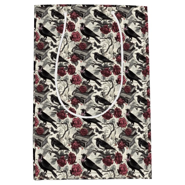 Vintage Gotische Ravens, Rose und Bücher Mittlere Geschenktüte (Vorderseite)