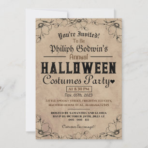Vintage-Gotischer ländlicher Halloween-Kostenümbal Einladung