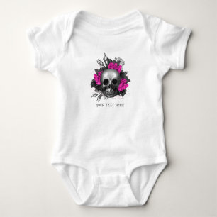 Vintage-Gotischer rosa Rosen-Totenkopf personalisi Baby Strampler