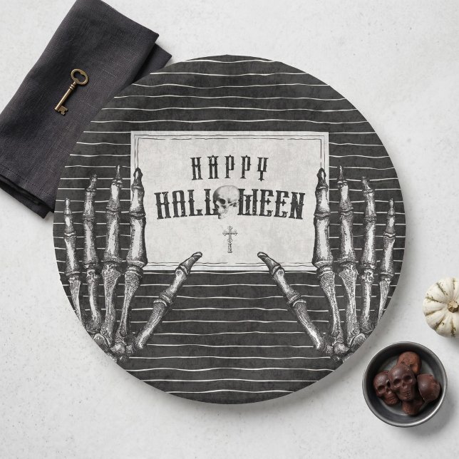 Vintage-Gotischer-Skelett-Frohes-Halloween Pappteller (Vintage Gothic Skeleton Happy Halloween Paper Plates)