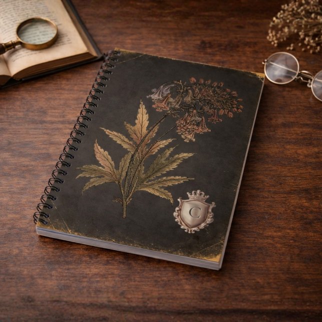 Vintage-gotisches botanisches Wappenmonogramm Notizblock (Vintage Gothic Botanical Crest Monogram Notebook)