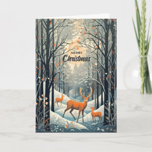 Vintage-Gouache-Style Winterhirsch-Weihnachten Feiertagskarte