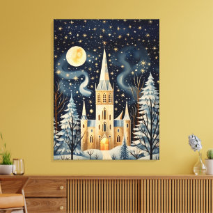 Vintage-Gouache-Style Winterkirche 32x24 Leinwanddruck