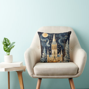 Vintage-Gouache-Style-Winterkirche-Weihnachten Kissen