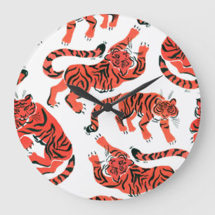 Vintage-Gouache-Tiger-Nahtloses Muster Große Wanduhr