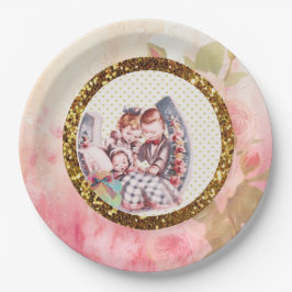Vintage Grafik-Rose und Baby-Dusche Papier-Teller Pappteller