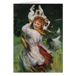 Vintage Grafik - Terrier-Hund u. die Hühner,