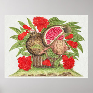 Vintage Granatapfelfrüchte und Blume Poster