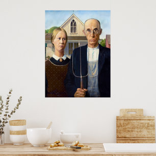 Vintage Grant Wood American Gothic Farmer Feine Ku Poster