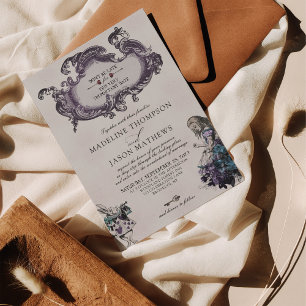 Vintage Grau Dunkle Alice-im-Wunderland-Hochzeit Einladung