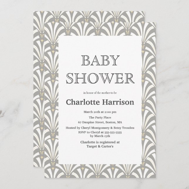 Vintage Grau-White Art Deco Fans Kinderdusche Einladung (Vorne/Hinten)