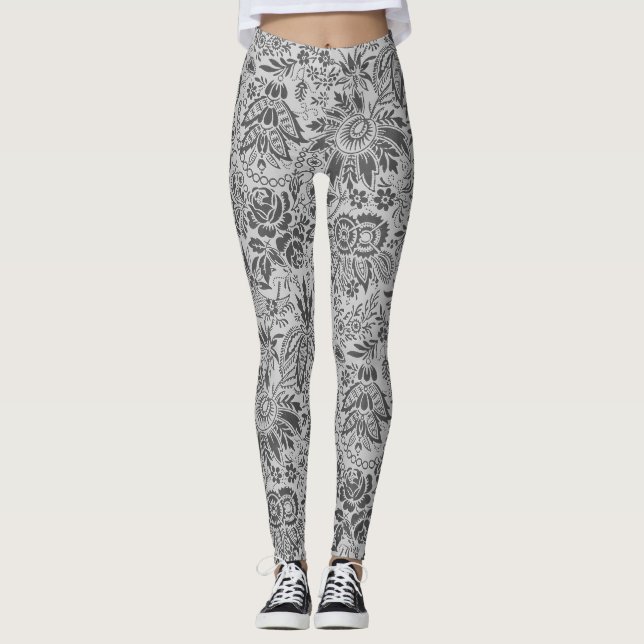 Vintage graue Blumen Blumenmuster Leggings (Vorderseite)