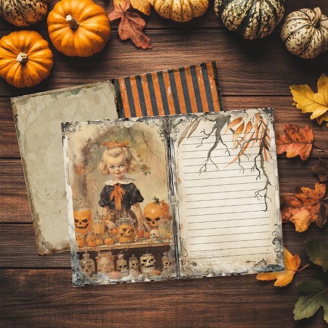 Vintage graue Girl Halloween Junk Journal-Seite (Vintage Halloween Junk Journal Page featuring a creepy girl and skulls)