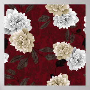 Vintage, graue und cremefarbene Blume mit Blätter Poster