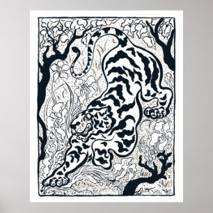 Vintage Grauer Tiger Im Dschungel Kunst Poster