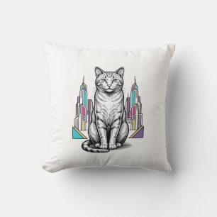 Vintage gravierte Cyber-Katzen-Stadt-Vektor-Art_1 Kissen