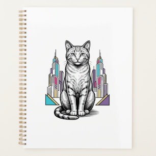Vintage gravierte Cyber-Katzen-Stadt-Vektor-Art_1 Planer