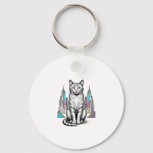 Vintage gravierte Cyber-Katzen-Stadt-Vektor-Art_1 Schlüsselanhänger
