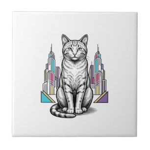 Vintage gravierte Cyber-Katzen-Stadt-Vektor-Kunst_ Fliese