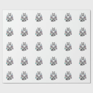 Vintage gravierte Cyber-Katzen-Stadt-Vektor-Kunst_ Geschenkpapier