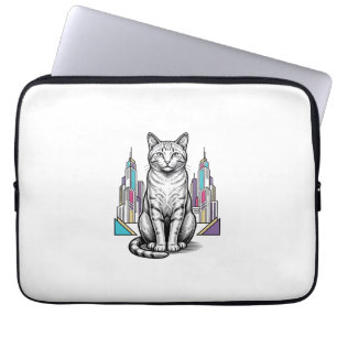Vintage gravierte Cyber-Katzen-Stadt-Vektor-Kunst_ Laptopschutzhülle