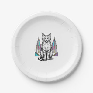 Vintage gravierte Cyber-Katzen-Stadt-Vektor-Kunst_ Pappteller
