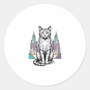 Vintage gravierte Cyber-Katzen-Stadt-Vektor-Kunst_ Runder Aufkleber