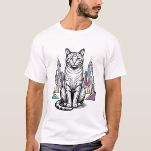Vintage gravierte Cyber-Katzen-Stadt-Vektor-Kunst_ T-Shirt