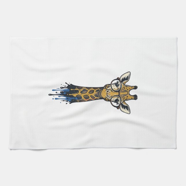 Vintage gravierte Giraffe mit Brille Design_1 Geschirrtuch (Horizontal)