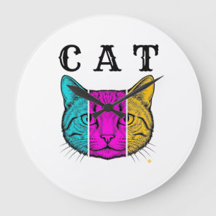 Vintage gravierte Katze Farbblock Grafikdesign_1 Große Wanduhr