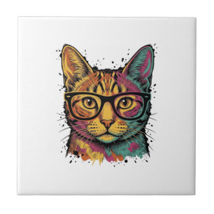 Vintage gravierte Katze mit Brille Vektor Design_1 Fliese