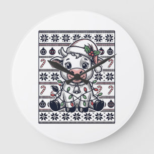Vintage gravierte Weihnachtskuh hässliches Sweater Große Wanduhr