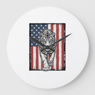 Vintage gravierter Tiger Amerikanische Flagge Patr Große Wanduhr
