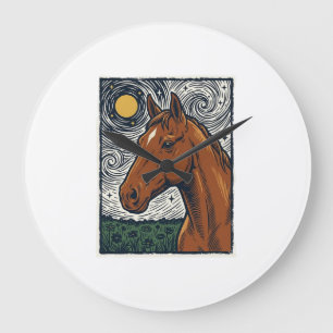 Vintage graviertes Pferd Sternennacht Kunstdesign Große Wanduhr