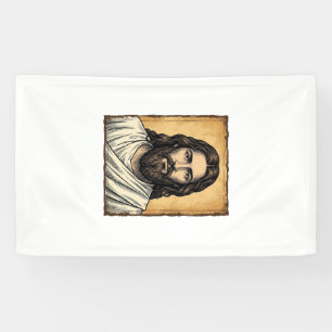 Vintage graviertes religiöses Porträt-Shirt-Design Banner