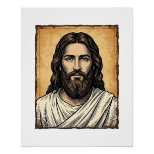 Vintage graviertes religiöses Porträt-Shirt-Design Poster