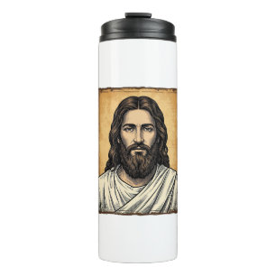 Vintage graviertes religiöses Porträt-Shirt-Design Thermosbecher