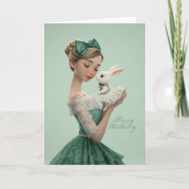Vintage Green BDay Card with Elegant Lady & Bunny Karte