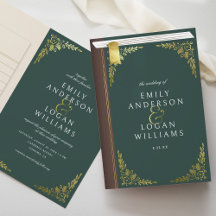 Vintage Green Book Gold Florale Hochzeits Einladun