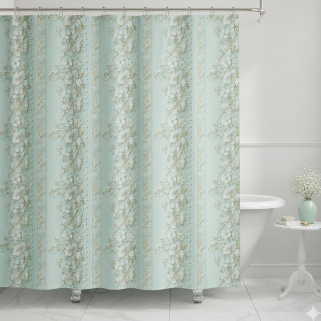 Vintage Green Floral Duschvorhang (vintage faux lace pale mint green cream ivory floral shower curtain)