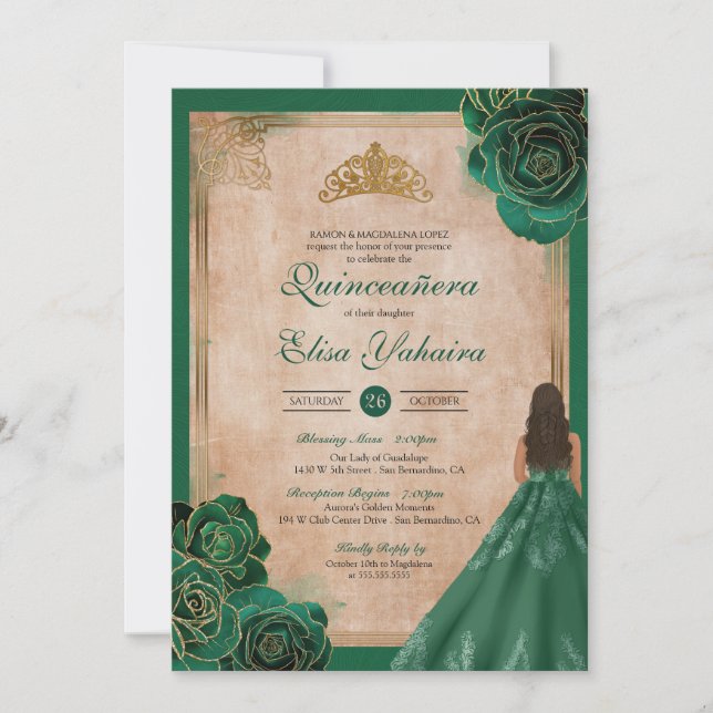 Vintage Green Gold Rose Elegante Royal Quinceanera Einladung (Vorderseite)